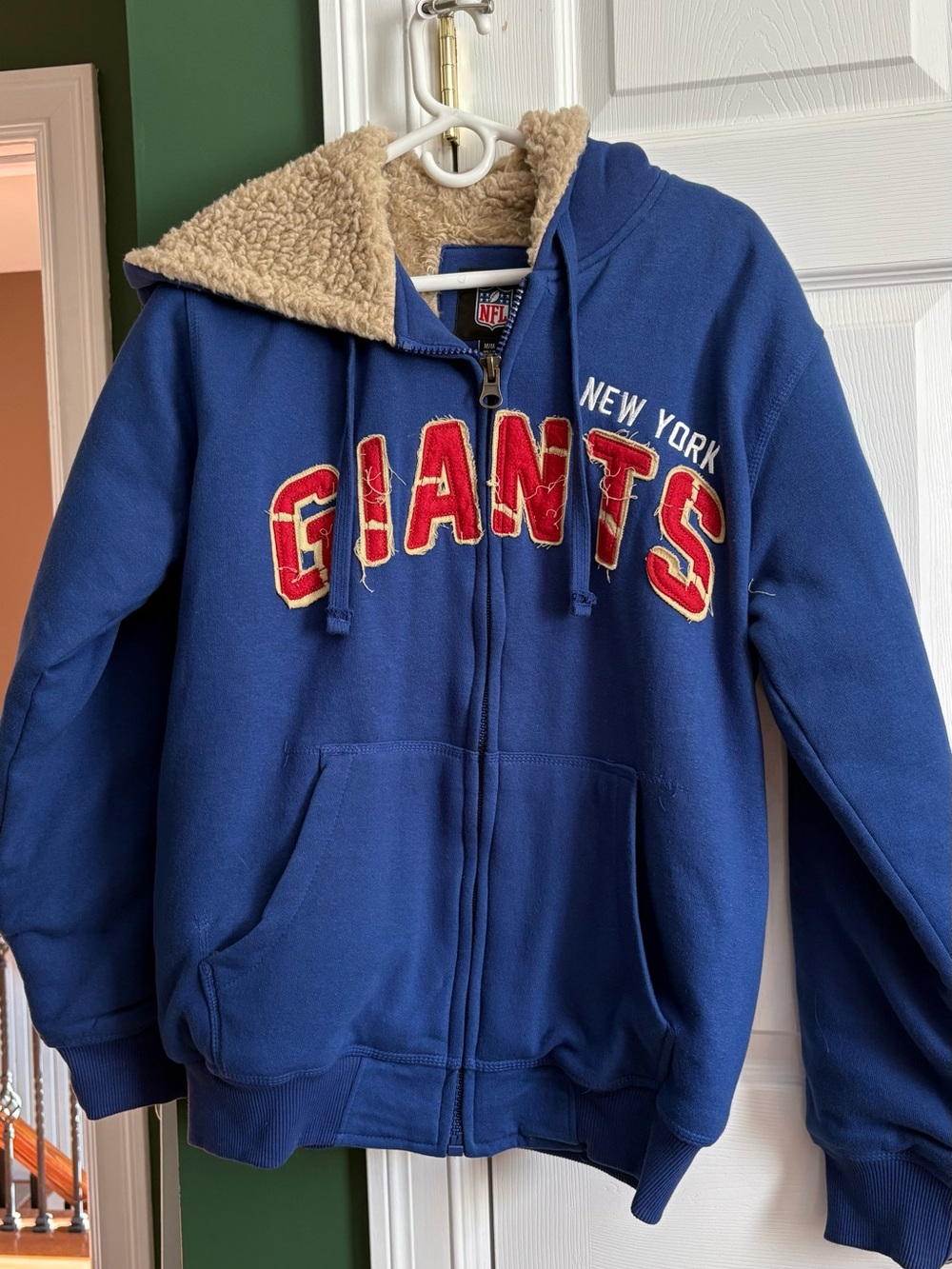 NWOT- NFL New York Giants Blue Hoodie with Red Lettering and Tan Sherpa Lining